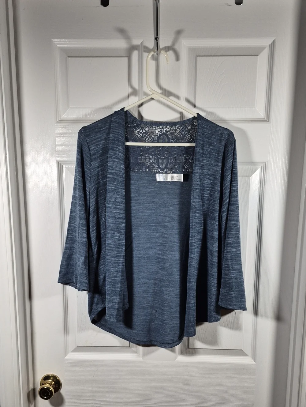 Time and Tru Blue Heather Open-Front Cardigan with Lace Back
